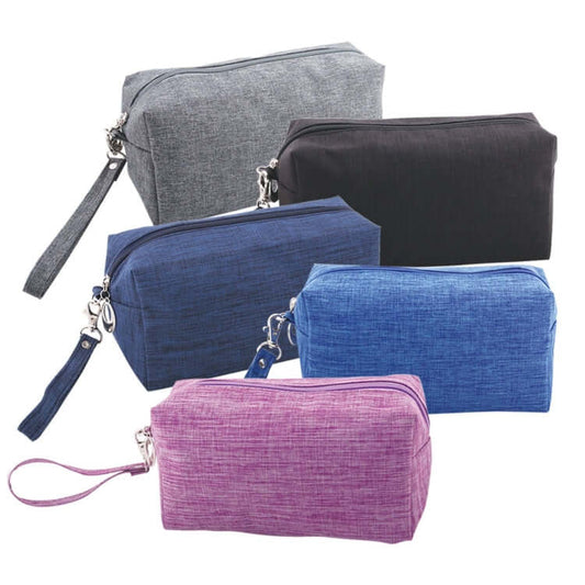 Polyester Toiletries Bag with Strap in various colors including grey, black, blue, and purple.