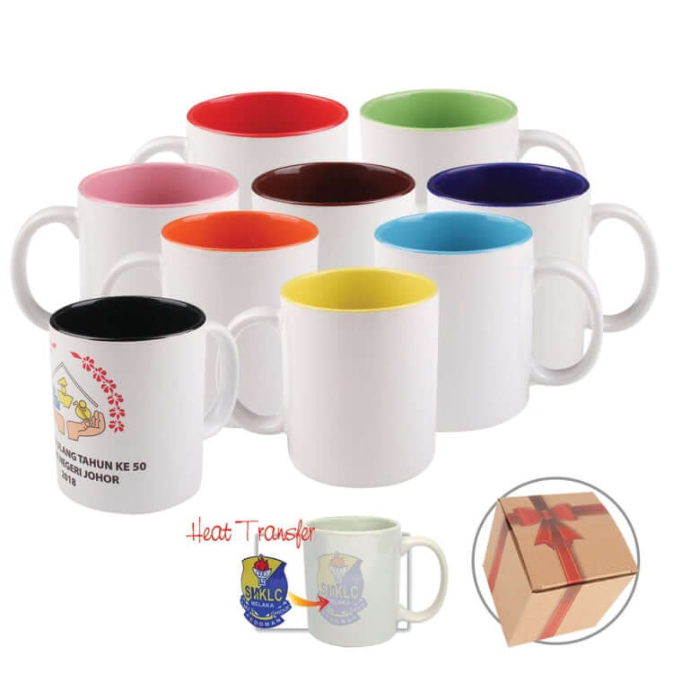 380ml Dual Colour Ceramic Mug collection in various vibrant colors, perfect for the corporate gift market.