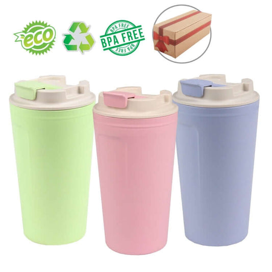 Eco-Friendly Bamboo Fiber Coffee Mug in pink, green, and blue, perfect corporate gift for eco-conscious consumers.