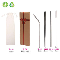 Eco Stainless Steel Straw Set with Canvas Pouch ( 4 in 1 ) Corporate Gifts Singapore