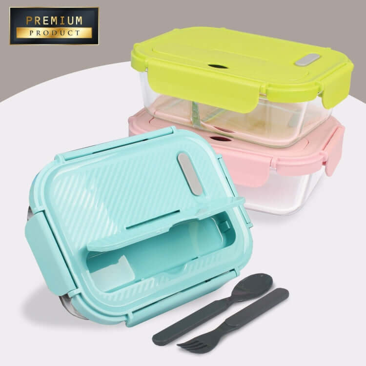 Glass Food Container with Divider in various colors with utensils, perfect for meal prep and corporate gift.