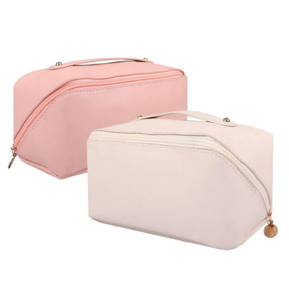 Two PU Cosmetic Bags in pink and beige, stylish and practical for beauty essentials. Perfect corporate gift.