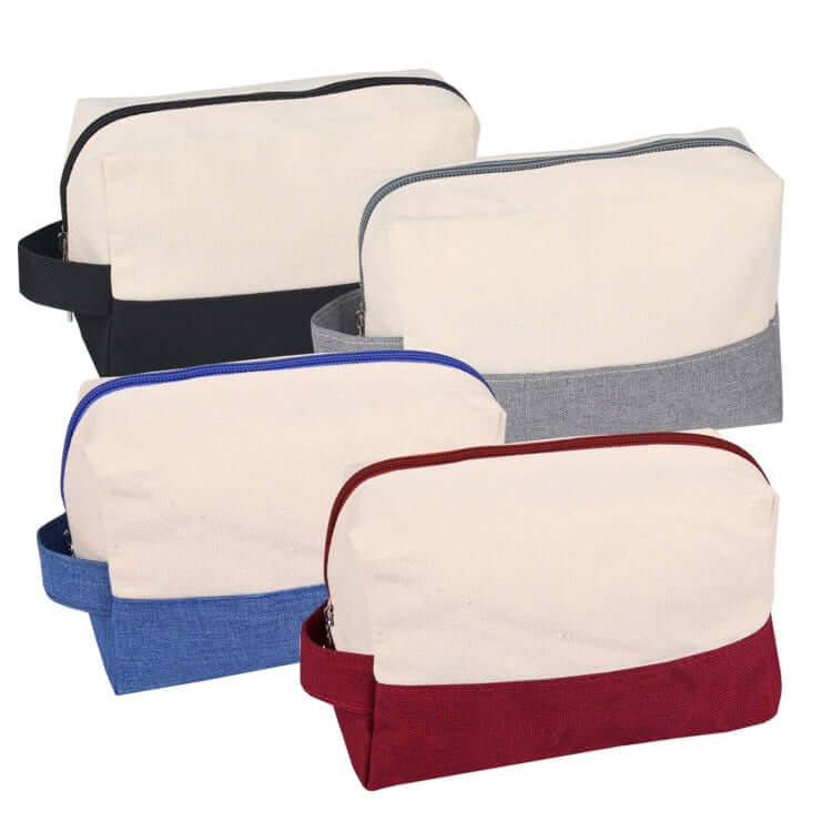 Canvas Cosmetic Bag in four colors: Black, Grey, Blue, and Maroon, perfect for corporate gifts.