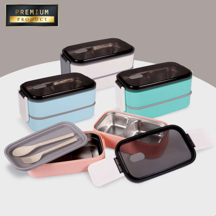 2 Tier Lunch Box in various colors with stainless steel inner layer, perfect corporate gift for organizing meals.