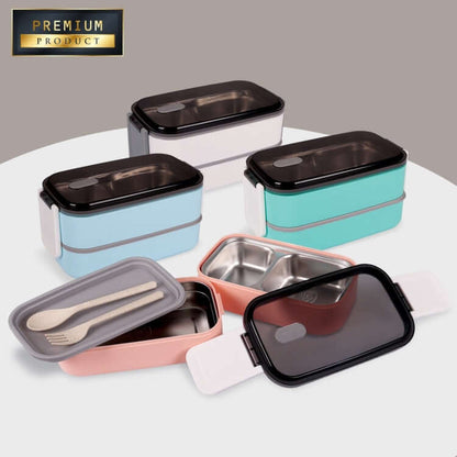 2 Tier Lunch Box in various colors with stainless steel inner layer, perfect corporate gift for organizing meals.