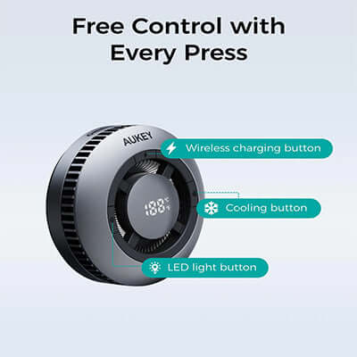 Aukey LC-G10 Qi2 Magnetic Fast Wireless Charging Active Cooling with Magnetic Ring control buttons layout.
