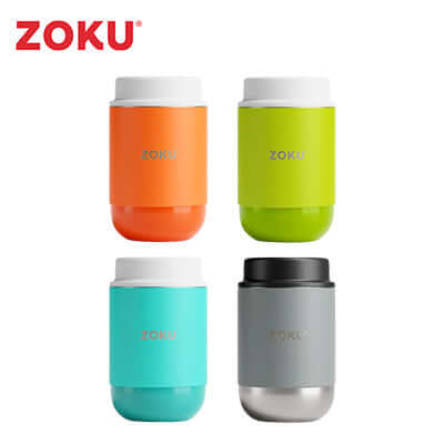 Zoku 16oz Neat Stack Food Jar colors display: orange, green, turquoise, gray. Ideal corporate gift.