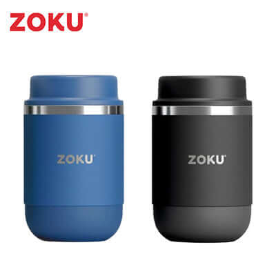 Zoku 16oz Stainless Steel Food Jar in blue and black, perfect for meals on the go and ideal as a corporate gift.