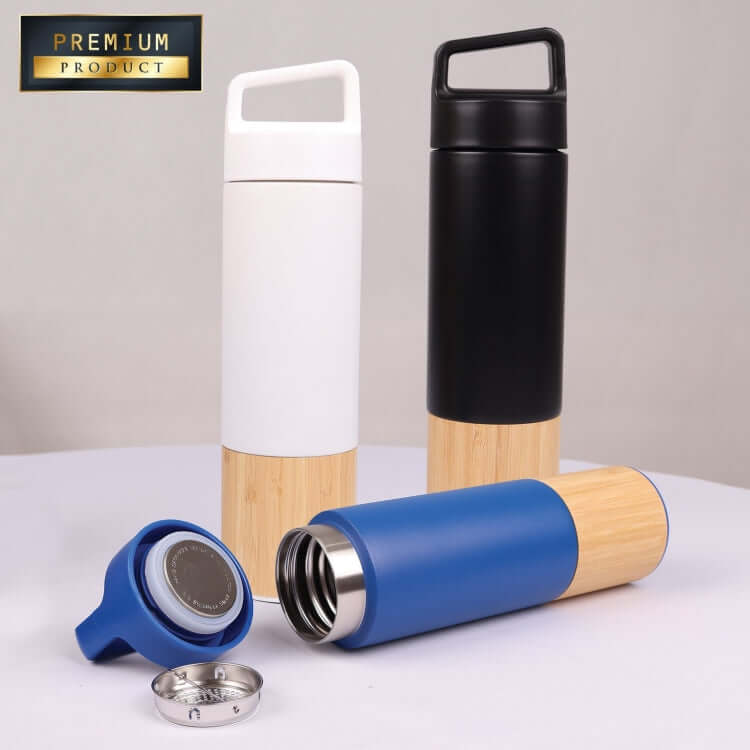 600ml Bamboo and Stainless Steel Flask in blue, white, and black with bamboo finish and lid