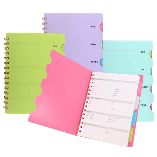 Notebook with Divider in vibrant colors: Purple, Green, Pink, and Blue, showcasing dividers and spiral binding.