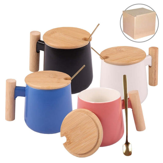Ceramic Mug with Bamboo Lid & Spoon in four colors: Blue, Black, White, and Pink, perfect for corporate gifts.
