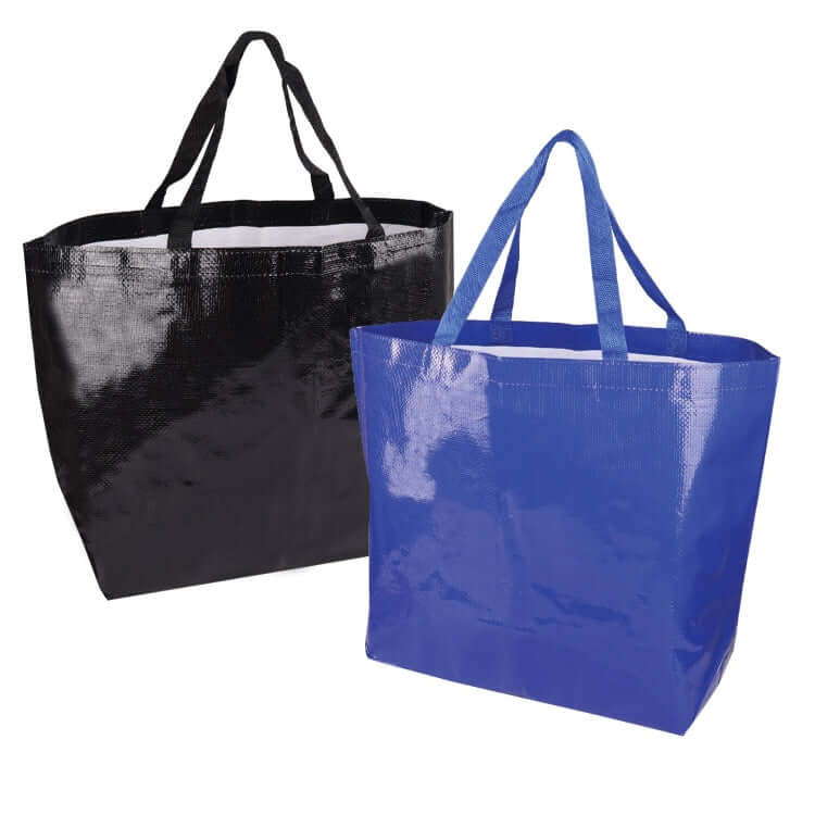 Laminated PP Woven Bag in black and blue color options, perfect for corporate gifts and everyday use.
