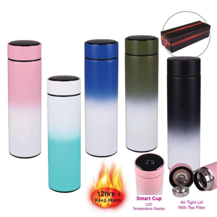 LED Temperature Display Thermo Flask in various vibrant colors: Pink, Blue, Green, White, and Black, showcasing smart features.