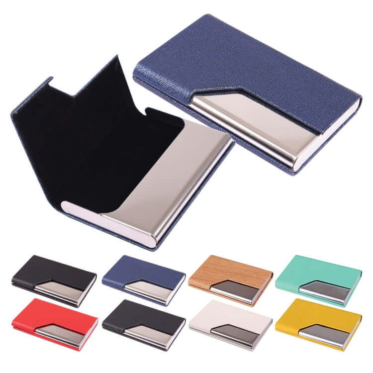 Slim PU Business Card Holder in various colors, lightweight & stylish accessory for professionals.