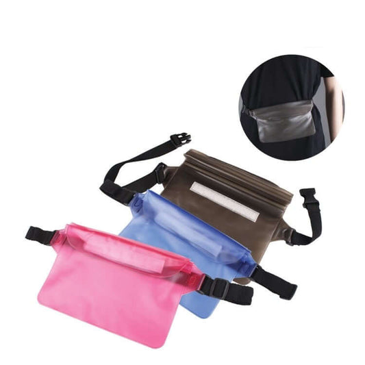 Waterproof Pouch in pink, blue, and brown colors, ideal for outdoor activities and corporate gifts.