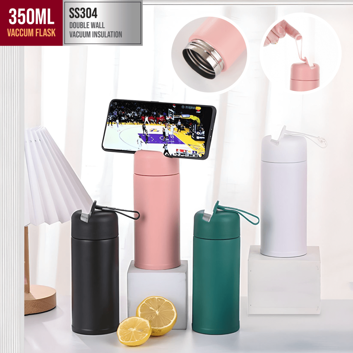 Mobi 350ml Vacuum Flask in multiple colors showcasing double wall vacuum insulation technology