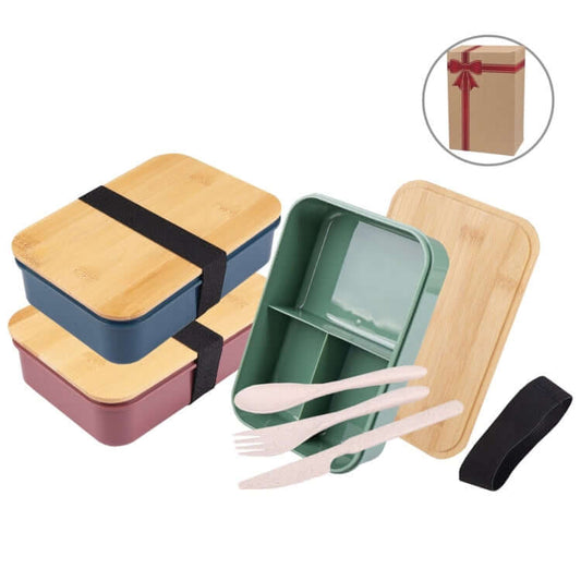 1200ml PP Lunch Box with Bamboo Lid, vibrant colors with utensils and gift packaging, ideal for meal prep.