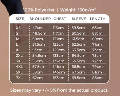 Size chart for Unisex Corporate Jacket showing measurements for different sizes.