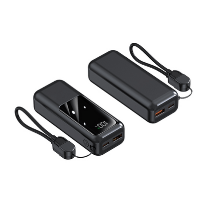 World Smallest Quick Charger Powerbank 10000MAH in black, compact design with display and USB ports.