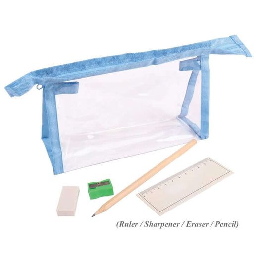 Stationary Set in PVC Pouch with ruler, sharpener, eraser, and pencil on white background.