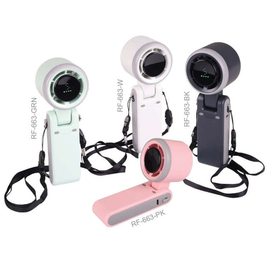 Portable Rechargeable Fan available in Pink, Green, Black, and White, perfect as a Corporate Gift.