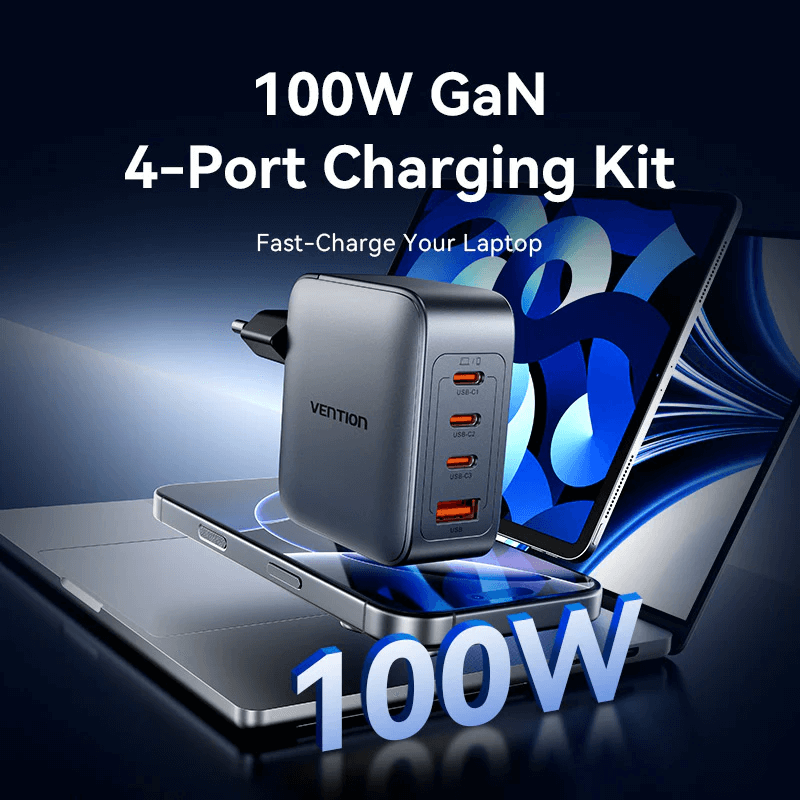 Vention 4-Port USB GaN Charger with Cable (1M) fast-charging solution on a laptop.