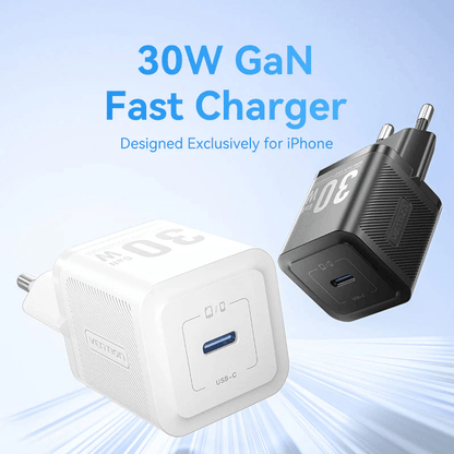 Vention 1-Port USB-C GaN Charger 30W in white and black, designed for fast charging of devices.