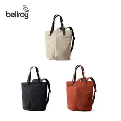 Bellroy Lite Totepack in three colors: beige, black, and rust, perfect for corporate gift options.