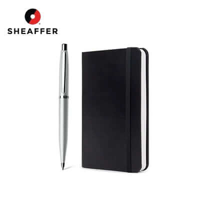 Sheaffer Strobe Silver Ballpoint Pen with Chrome Trims and Small Notebook Gift Set displayed together.