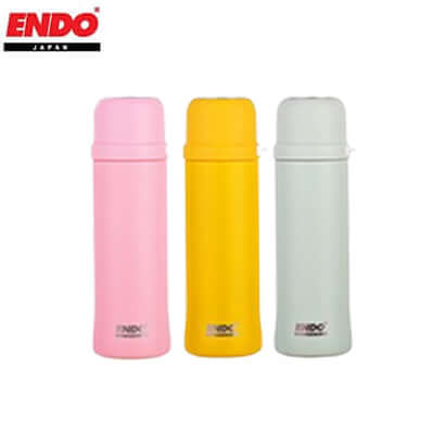 Endo 500ml Double Stainless Steel Mug in pink, yellow, and green colors with branding.