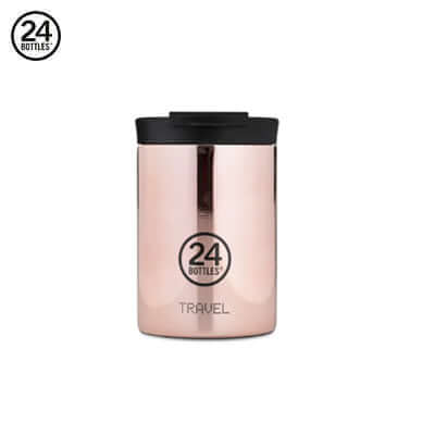 24 Bottles Insulated Travel Tumbler 350ML in rose gold color with a black lid for hot and cold drinks.