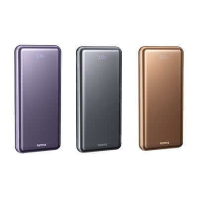 Remax FP-15 Ultra Slim Fast Charging Powerbank 10000mAh in three colors: purple, gray, and bronze.