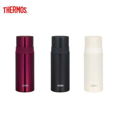 Thermos FFM-351 Bottle with Cup in Burgundy, Matte Black, and Pearl White colors.