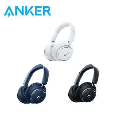 Anker Soundcore Space Q45 Long-Lasting Noise Cancelling Headphones in white, navy, and black colors.