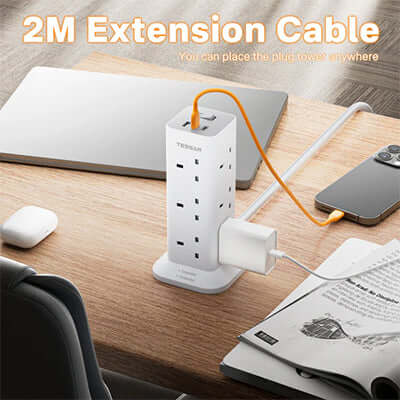TESSAN Extension Tower 12 Ways with 2 USB-A & 1 USB-C Ports on a desk with 2M cable for flexible placement