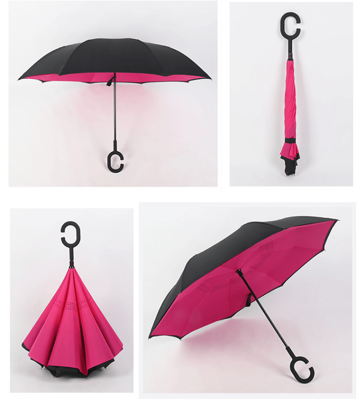 24'' Double Layer Inverted Umbrella in black and pink showcased from various angles, ideal as a Corporate Gift.
