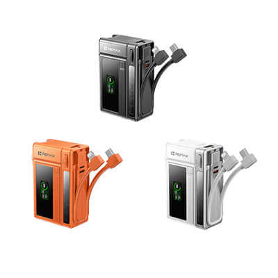 Remax FP-100 Powerbank with Wall Charger 10000mAh in black, orange, and white colors with USB cables.
