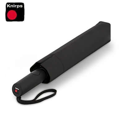 Knirps A.405 XXL Duomatic Umbrella folded in sleek black design with strap, ideal for corporate gift.