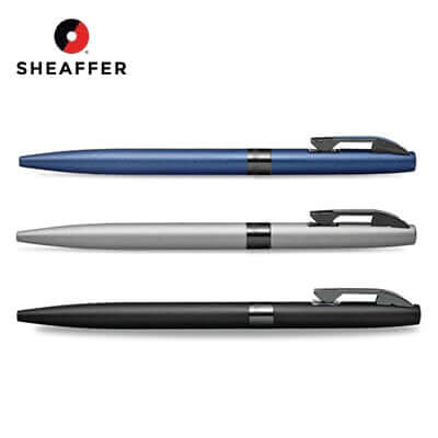 Sheaffer® REMINDER Matte Ballpoint Pen With Black PVD Trim in three colors: blue, silver, and black.