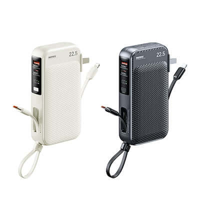 Remax RPP-105 Powerbank with Wall Plug 10000mAh in white and black color.