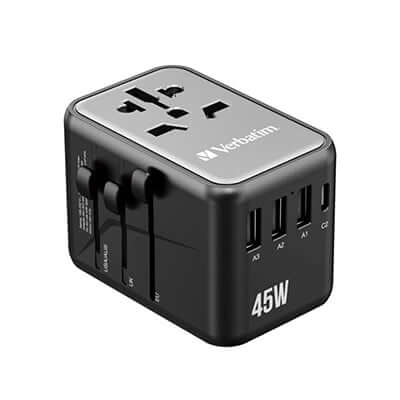 Verbatim 32123 5 Port 45W Universal Travel Adapter with multiple plug and USB ports for global charging.