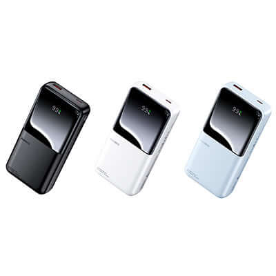 Remax RPP-680 Powerbank with Dual Fast Charging Cables 20000mAh in black, white, and blue colors.