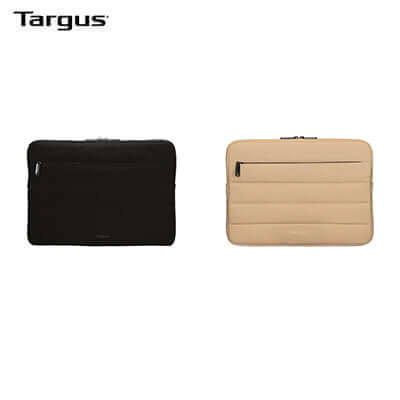Targus Puffer 13-14" Laptop Sleeve in black and beige colors, showcasing stylish and protective design.