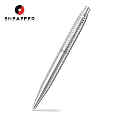 Sheaffer® Brushed Chrome Ballpoint Pen With Chrome Trim stylishly displayed against a white background.