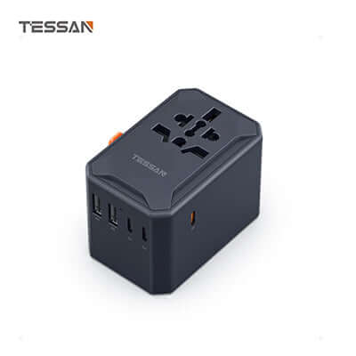 TESSAN 65W Travel Adapter with 2 USB A & 3 C Ports on a white background for efficient global charging.
