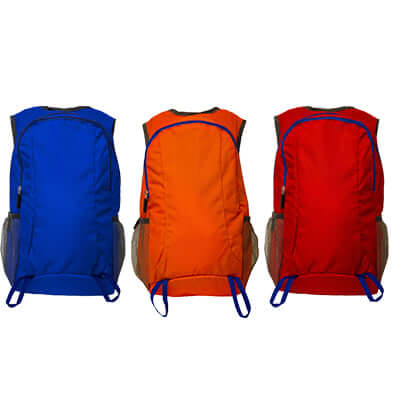 Waterproof Nylon Backpack in blue, orange, and red colors, perfect as a corporate gift for outdoor enthusiasts.