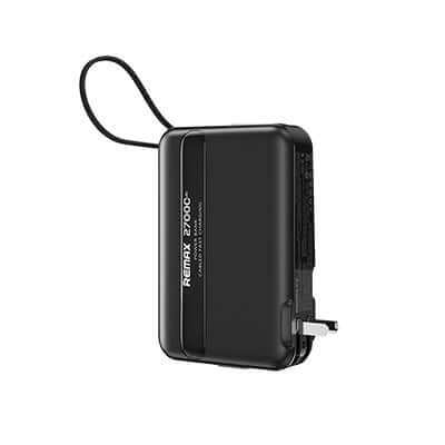 Remax RPP-E7 Fast Charging Powerbank with Wall Plug 27000mAh side view showcasing its compact design and AC plug.