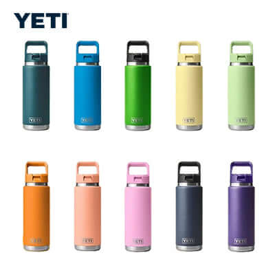 Yeti Rambler® 26 oz Water Bottle with Color-Matched Straw Cap in various colors displayed.