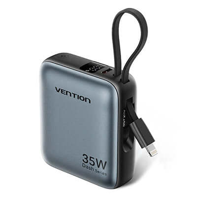Vention 10000mAh Power Bank 35W with built-in Lightning cable, sleek design perfect for travel and corporate gift.