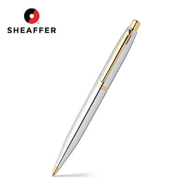 Sheaffer® VFM Polished Chrome with Gold Trims Ballpoint Pen on a white background, ideal for corporate gifts.